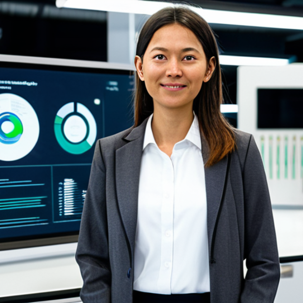 A professional female engineer, fully clothed in a modest dark grey business casual jacket and white shirt, stands confidently in a bright, modern R&D laboratory. In the background, a large, sleek digital display shows intricate 3D models of sustainable product designs with Life Cycle Assessment (LCA) data overlays, alongside shelves displaying prototypes made from advanced bio-plastics and recycled metals. The lab has a clean, futuristic aesthetic with soft studio lighting. perfect anatomy, correct proportions, natural pose, well-formed hands, proper finger count, natural body proportions, professional photography, high resolution, safe for work, appropriate content, fully clothed, professional, family-friendly.