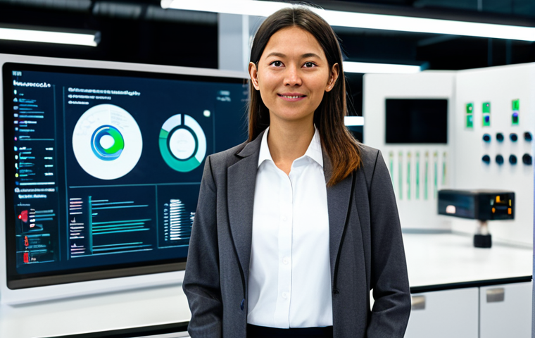 A professional female engineer, fully clothed in a modest dark grey business casual jacket and white shirt, stands confidently in a bright, modern R&D laboratory. In the background, a large, sleek digital display shows intricate 3D models of sustainable product designs with Life Cycle Assessment (LCA) data overlays, alongside shelves displaying prototypes made from advanced bio-plastics and recycled metals. The lab has a clean, futuristic aesthetic with soft studio lighting. perfect anatomy, correct proportions, natural pose, well-formed hands, proper finger count, natural body proportions, professional photography, high resolution, safe for work, appropriate content, fully clothed, professional, family-friendly.