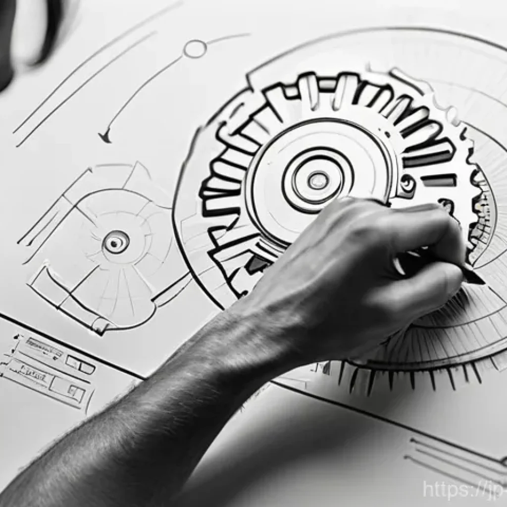 기계설계도 손으로 그리는 연습 - **Prompt 1: The Eureka Moment in Hand-Drawn Engineering Design**
A close-up, high-angle shot cap...