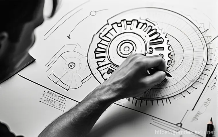 기계설계도 손으로 그리는 연습 - **Prompt 1: The Eureka Moment in Hand-Drawn Engineering Design**
    A close-up, high-angle shot cap...