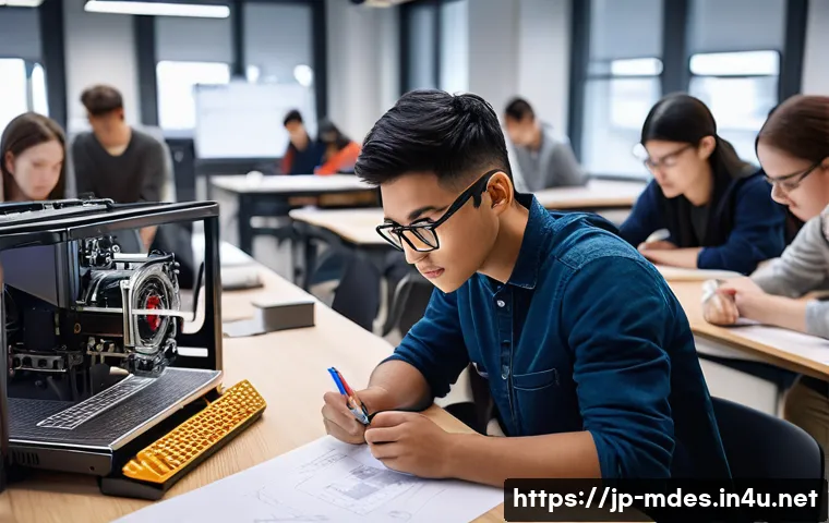 기계설계 관련 학위와 비학위 비교 - A modern university classroom scene focused on mechanical design students engaged in a hands-on grou...