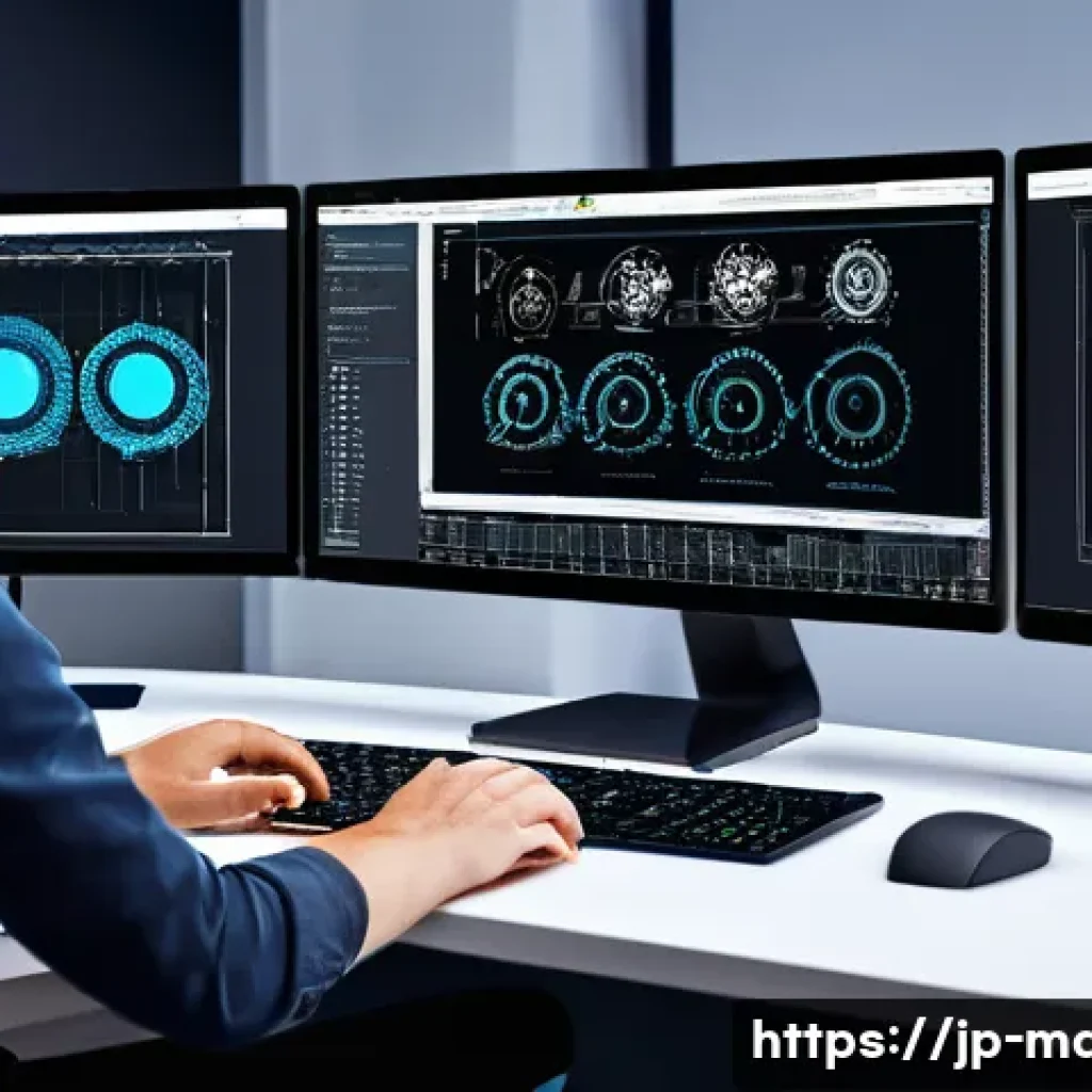 기계설계 실무에서 자주 쓰이는 용어 - A detailed 3D CAD workspace showing a mechanical engineer’s desktop with multiple monitors displayin...