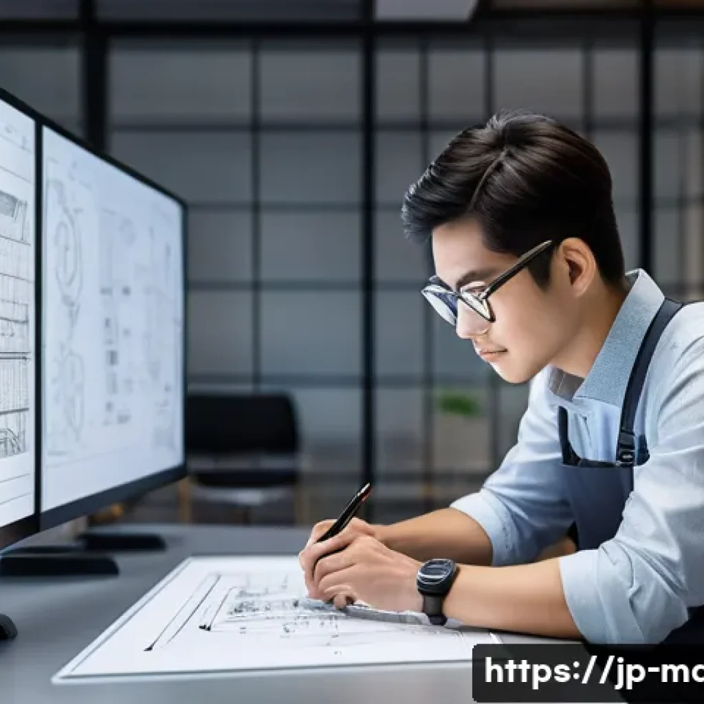 기계설계 자격증 취득 후 커리어 방향 - A modern Japanese mechanical design engineer in a sleek office environment, working on a high-tech 3...