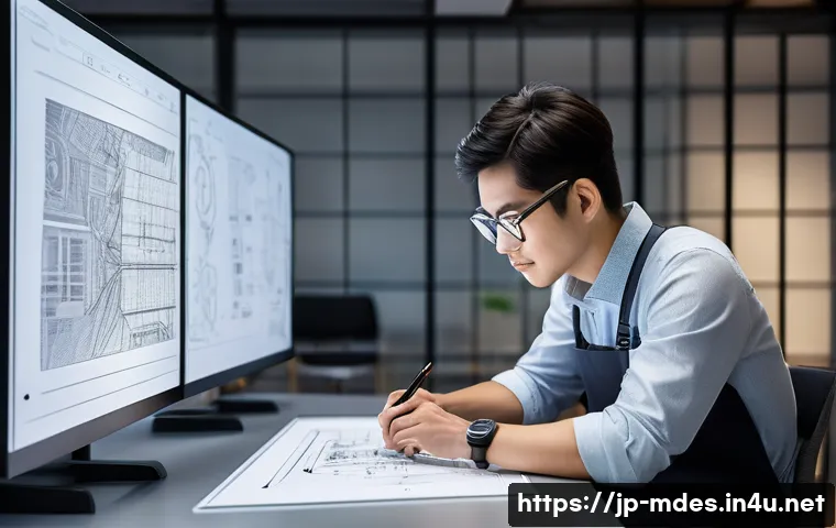 기계설계 자격증 취득 후 커리어 방향 - A modern Japanese mechanical design engineer in a sleek office environment, working on a high-tech 3...