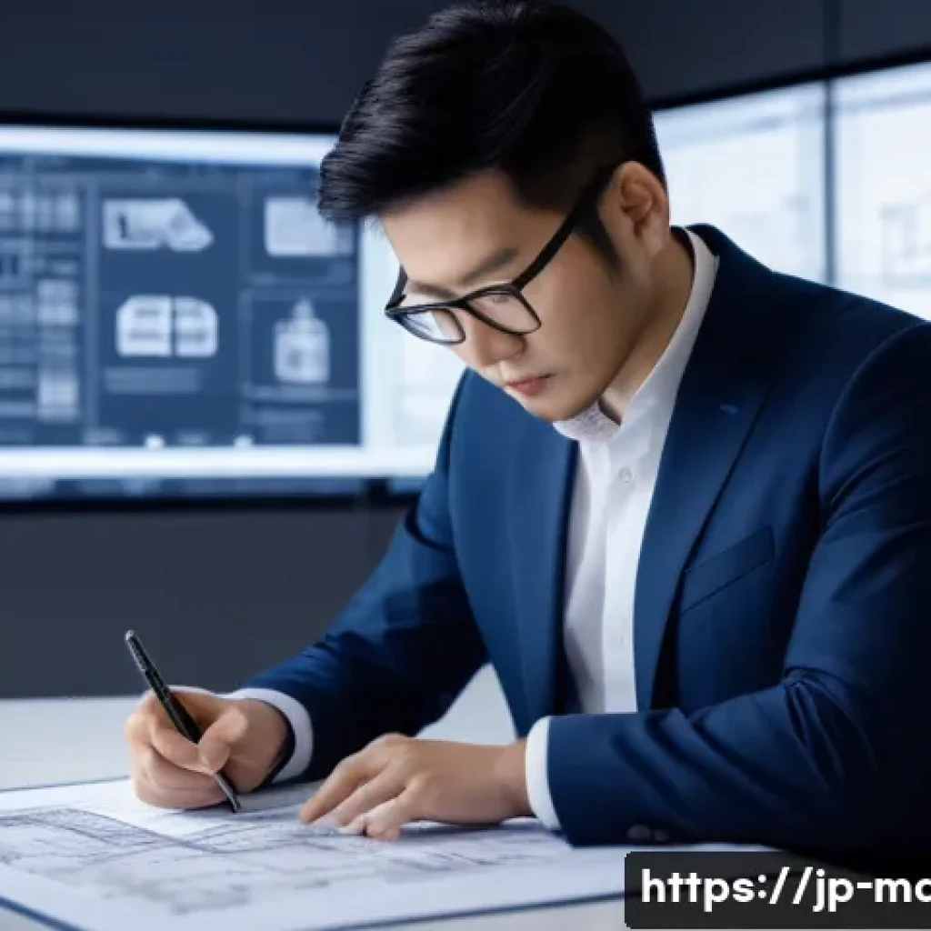 기계설계 기술 블로그 운영하기 - A modern mechanical design engineer in a sleek, well-lit Japanese office, thoughtfully sketching inn...