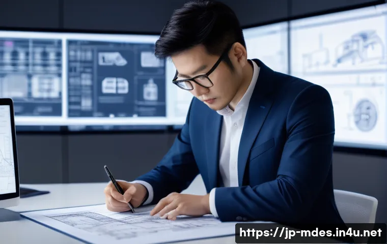 기계설계 기술 블로그 운영하기 - A modern mechanical design engineer in a sleek, well-lit Japanese office, thoughtfully sketching inn...