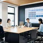 기계설계 프로젝트 관리 노하우 - A modern Japanese office scene showing a diverse design project team gathered around a large digital...