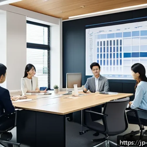 기계설계 프로젝트 관리 노하우 - A modern Japanese office scene showing a diverse design project team gathered around a large digital...