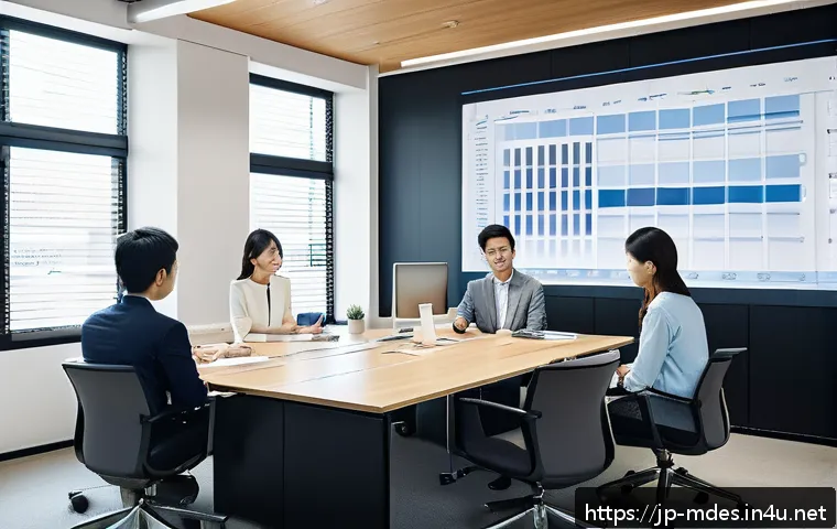 기계설계 프로젝트 관리 노하우 - A modern Japanese office scene showing a diverse design project team gathered around a large digital...