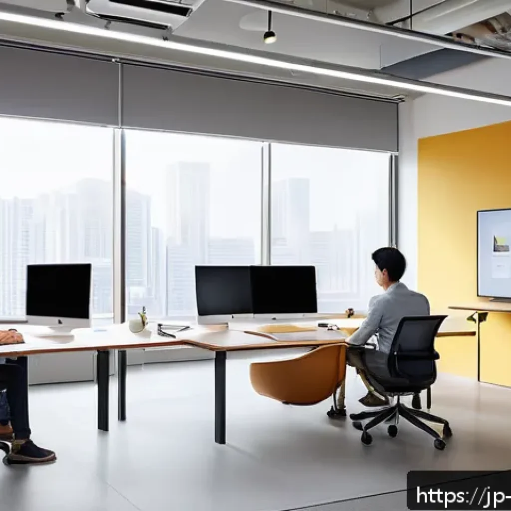 기계설계 직무 만족도 조사 - A modern Japanese mechanical design office featuring a diverse team of engineers working collaborati...