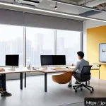기계설계 직무 만족도 조사 - A modern Japanese mechanical design office featuring a diverse team of engineers working collaborati...