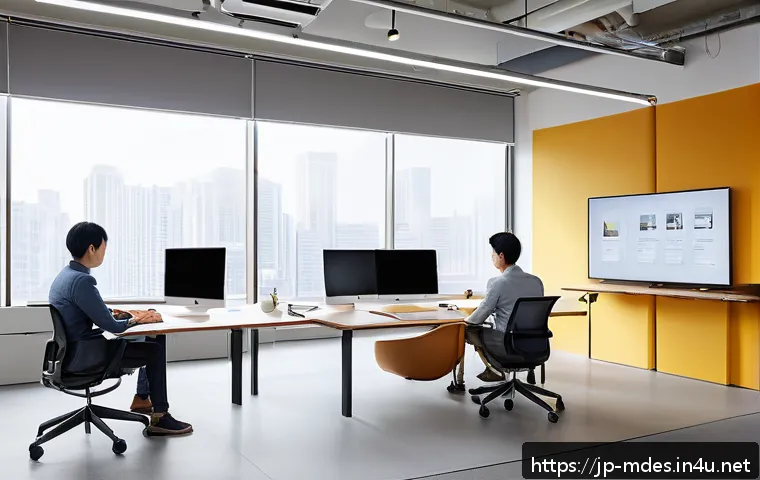 기계설계 직무 만족도 조사 - A modern Japanese mechanical design office featuring a diverse team of engineers working collaborati...