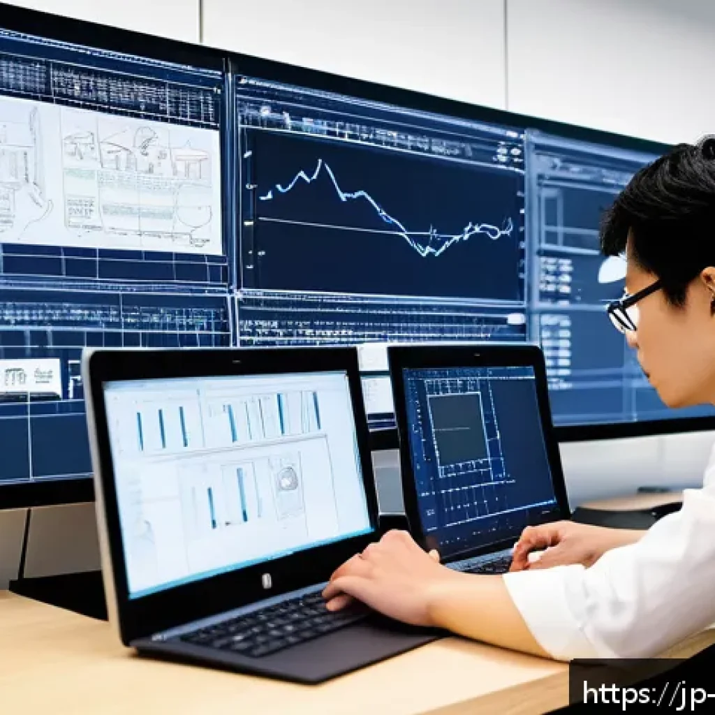 기계설계 실무 사례 - A detailed scene of a modern engineering office in Japan, showing diverse engineers collaborating in...