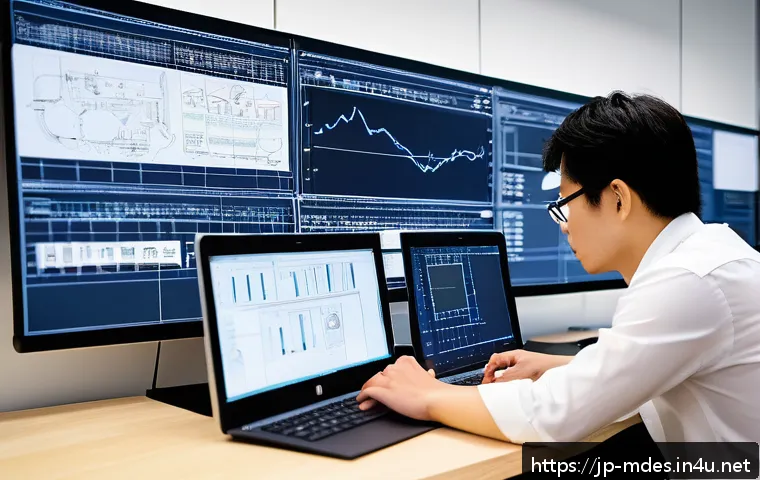 기계설계 실무 사례 - A detailed scene of a modern engineering office in Japan, showing diverse engineers collaborating in...