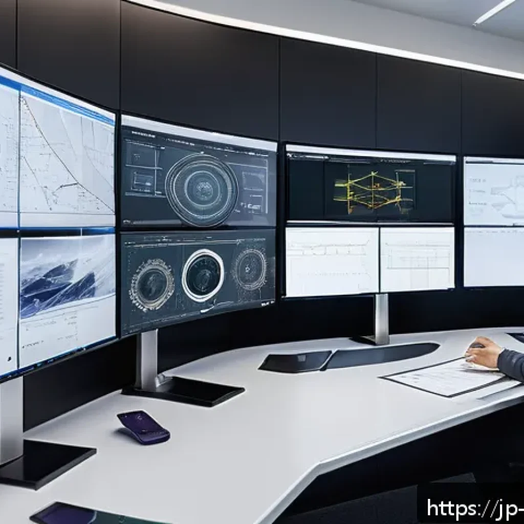 기계설계 필드 리포트 - A futuristic mechanical engineering design studio featuring engineers collaboratively working on adv...