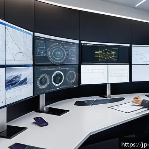 기계설계 필드 리포트 - A futuristic mechanical engineering design studio featuring engineers collaboratively working on adv...