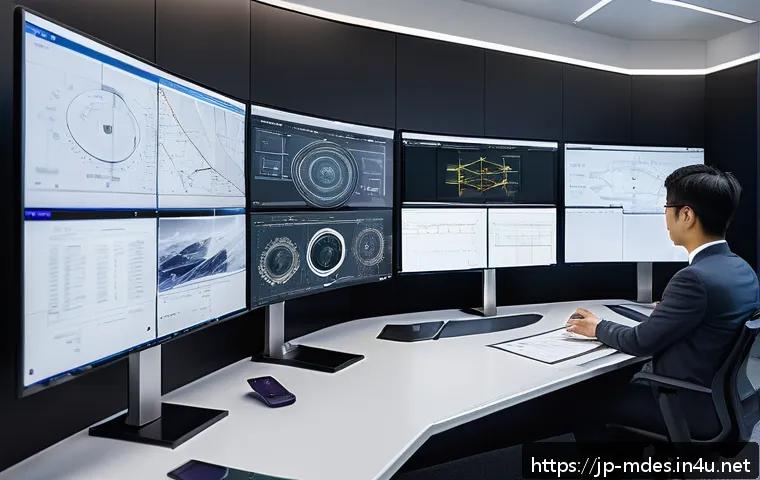 기계설계 필드 리포트 - A futuristic mechanical engineering design studio featuring engineers collaboratively working on adv...