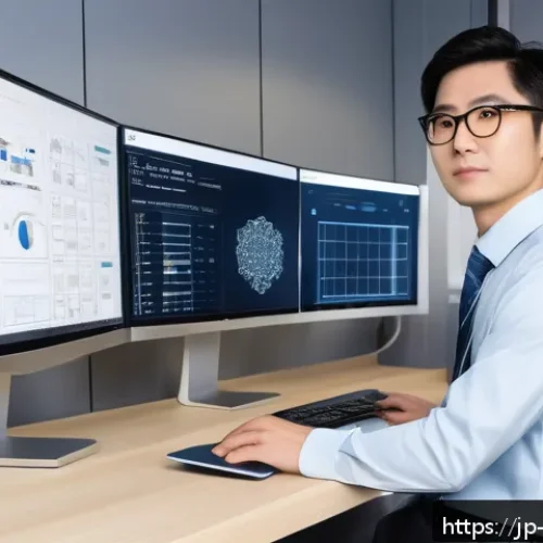 기계설계 실습 과제 아이디어 - A modern mechanical design workspace featuring a young Japanese engineer using advanced AI-powered o...
