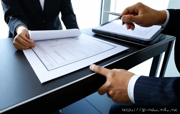 기계설계 프리랜서 계약서 작성법 - Photorealistic Japanese mechanical design freelancer and client reviewing a blank contract document ...